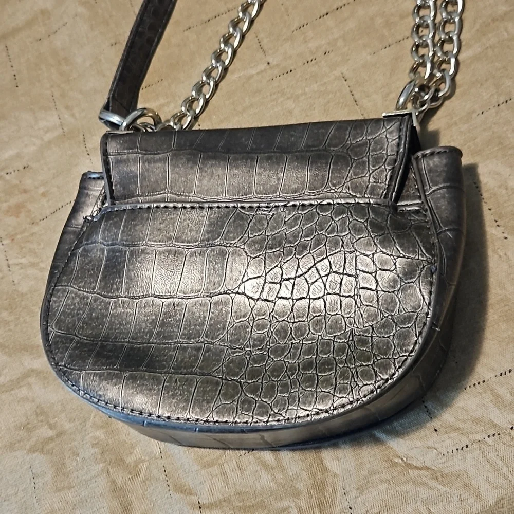 Bebe Silver Pewter Faux Leather Baguette Bag